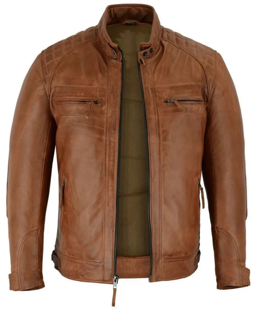 Men's Cafe Racer Leather Jacket - Lambskin Leather Jacket