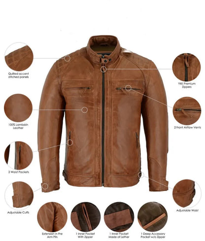 Men's Cafe Racer Leather Jacket - Lambskin Leather Jacket