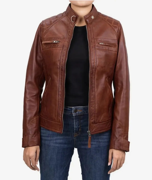 Women's Cognac Leather Biker Jacket