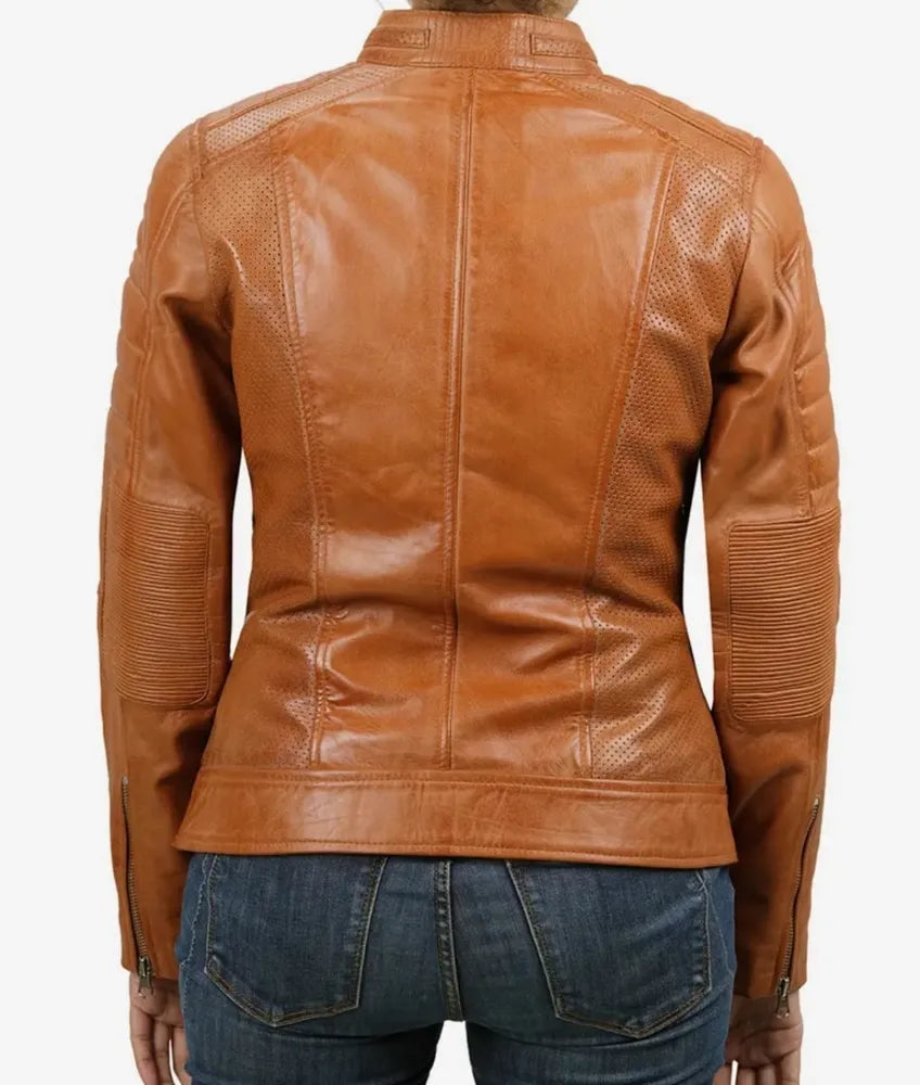 Women's Tan Leather Jacket - Genuine Leather Biker Jacket