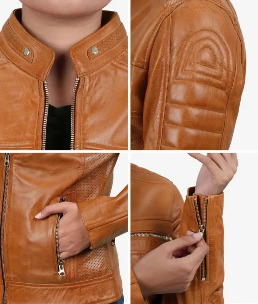 Women's Tan Leather Jacket - Genuine Leather Biker Jacket