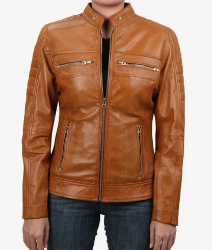 Women's Tan Leather Jacket - Genuine Leather Biker Jacket