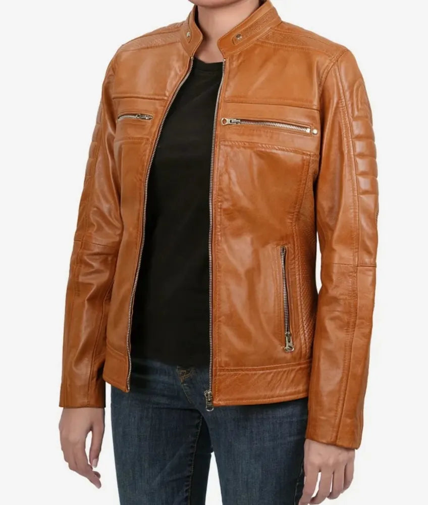 Women's Tan Leather Jacket - Genuine Leather Biker Jacket