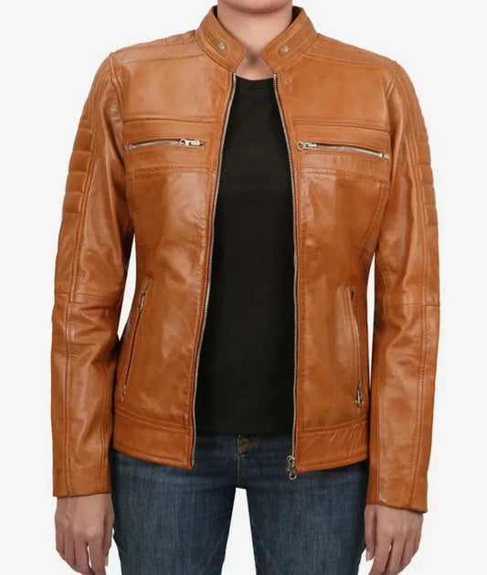 Women's Tan Leather Jacket - Genuine Leather Biker Jacket