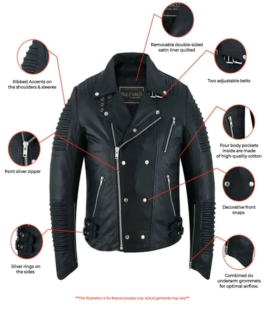 Black Ace Men's Black Fashion Leather Jacket with Ribbed Accents