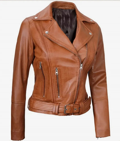 Elisa Women's Asymmetrical Brown Leather Motorcycle Jacket