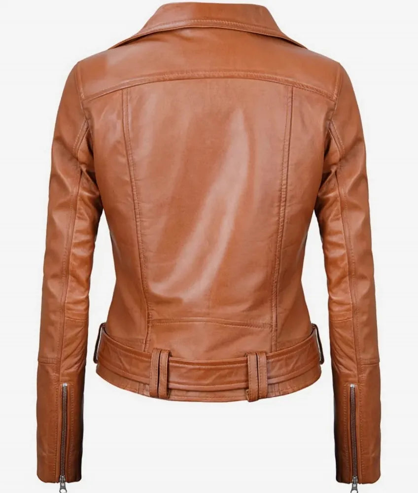 Elisa Women's Asymmetrical Brown Leather Motorcycle Jacket