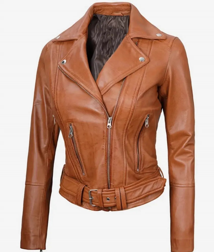 Elisa Women's Asymmetrical Brown Leather Motorcycle Jacket