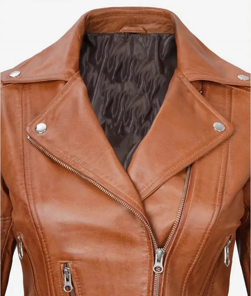 Elisa Women's Asymmetrical Brown Leather Motorcycle Jacket