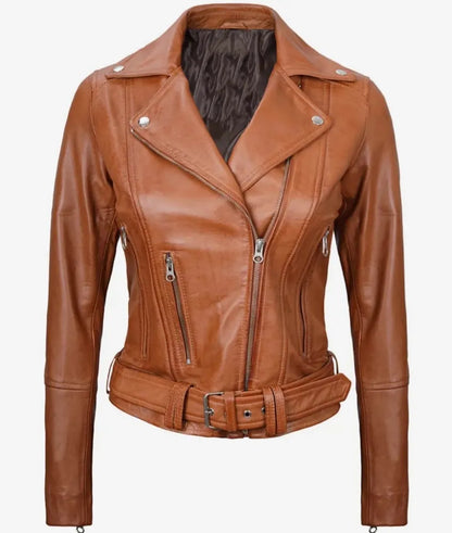 Elisa Women's Asymmetrical Brown Leather Motorcycle Jacket