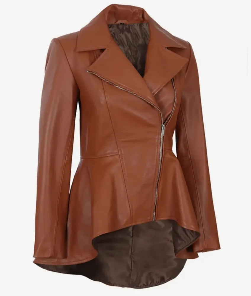 Women's Asymmetrical Cognac Peplum Leather Jacket