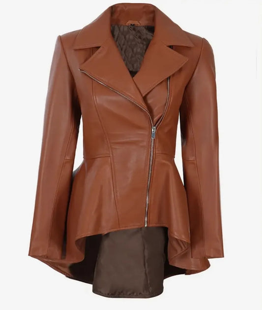 Women's Asymmetrical Cognac Peplum Leather Jacket