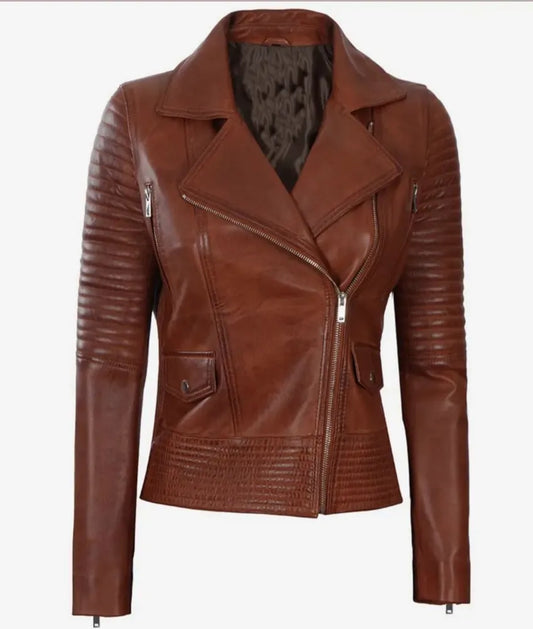 Brown Asymmetrical Leather Biker Jacket Women