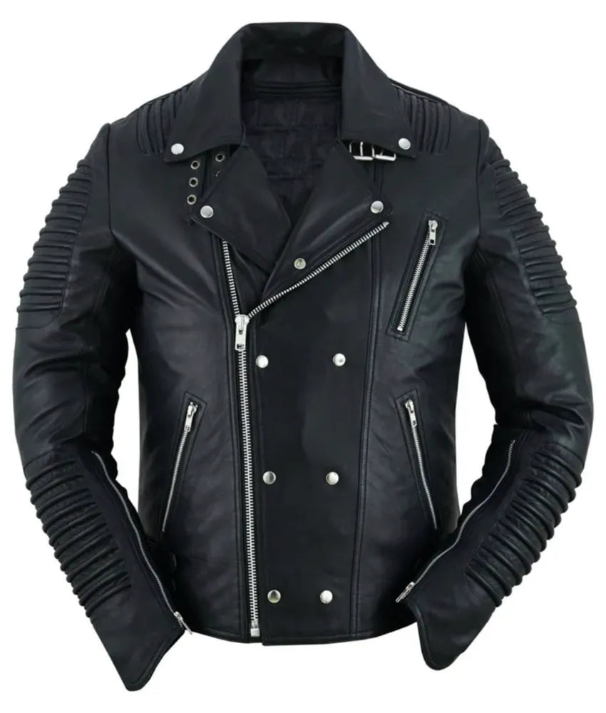 Black Ace Men's Black Fashion Leather Jacket with Ribbed Accents