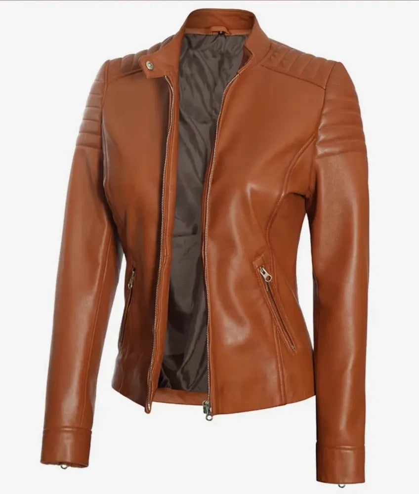 Women's Real Lambskin Leather Tan Biker Jacket