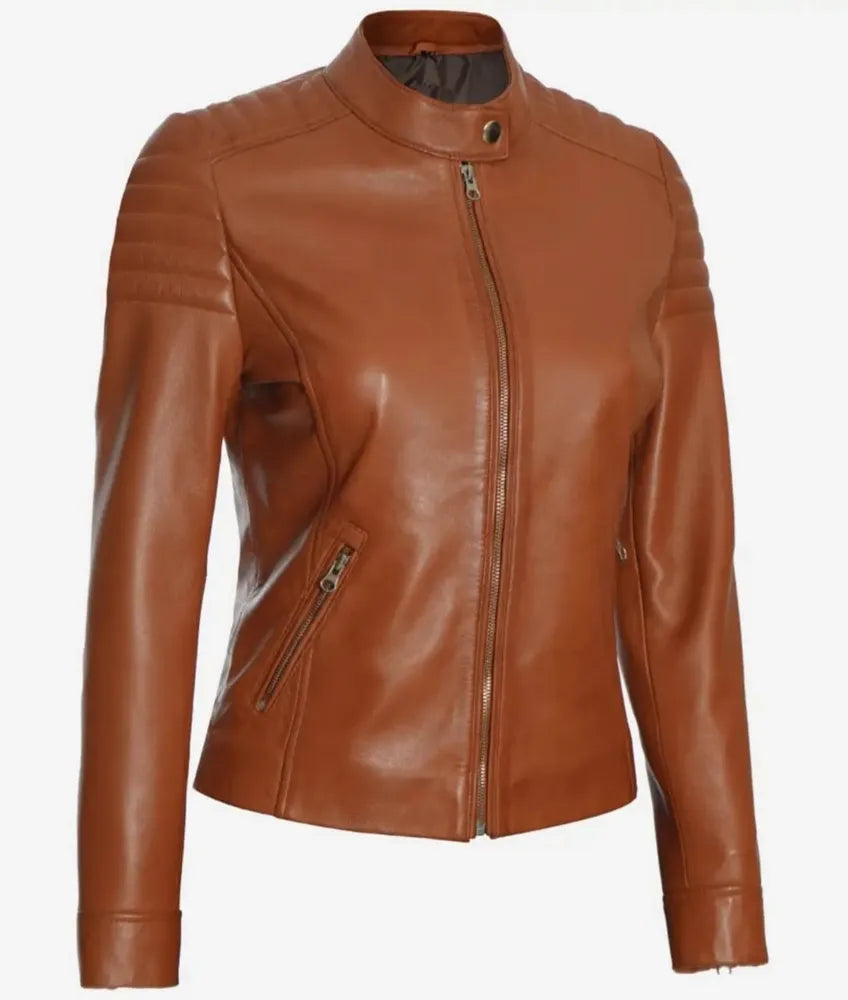 Women's Real Lambskin Leather Tan Biker Jacket