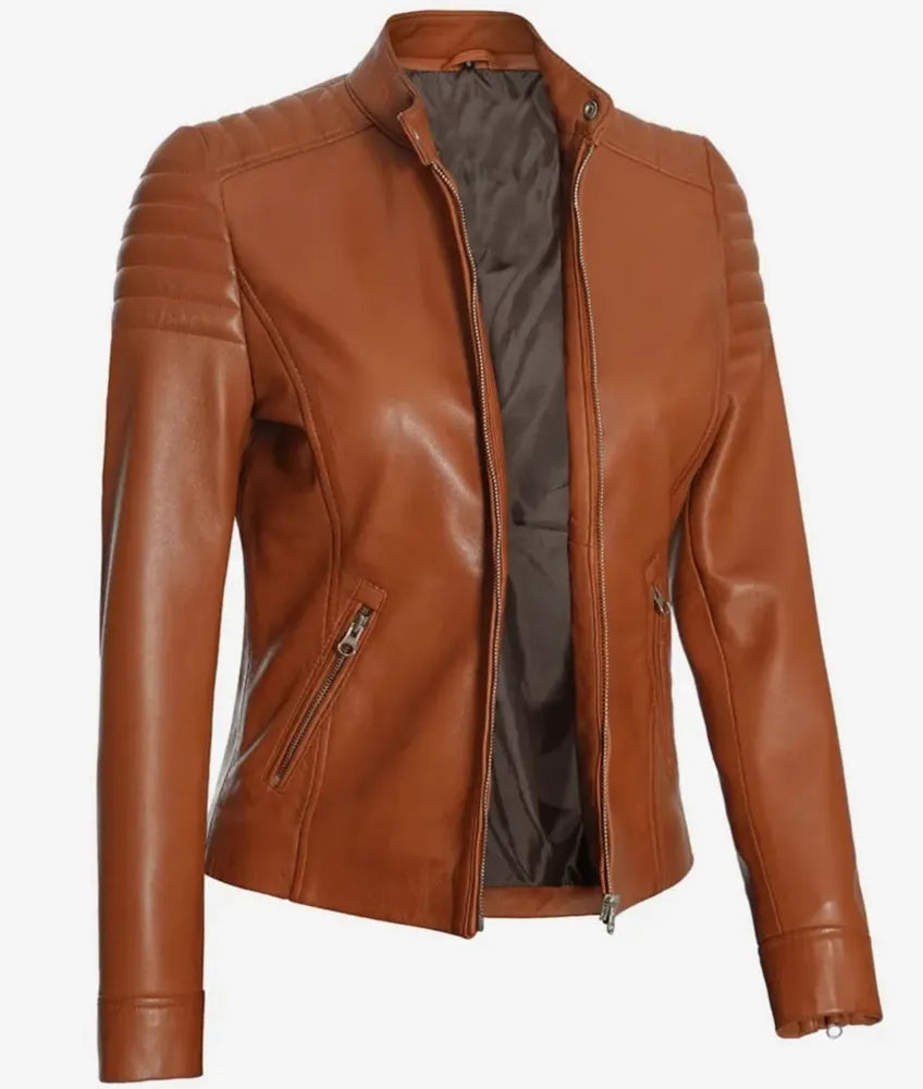 Women's Real Lambskin Leather Tan Biker Jacket