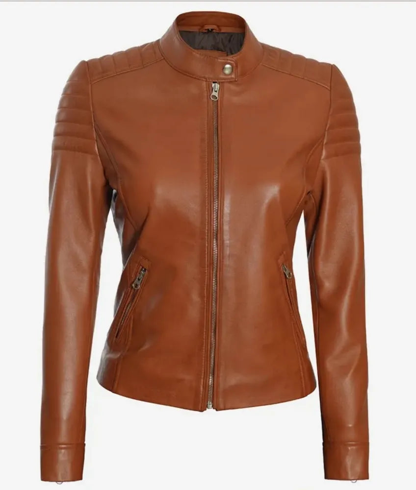 Women's Real Lambskin Leather Tan Biker Jacket