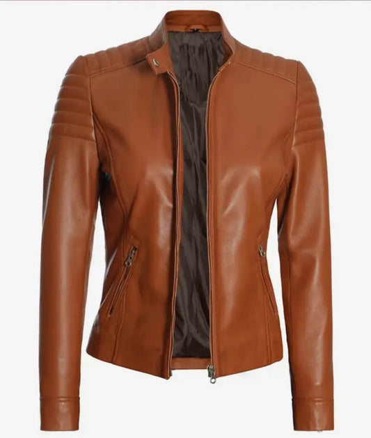 Women's Real Lambskin Leather Tan Biker Jacket