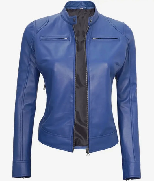 Women's Biker Blue Leather Jacket