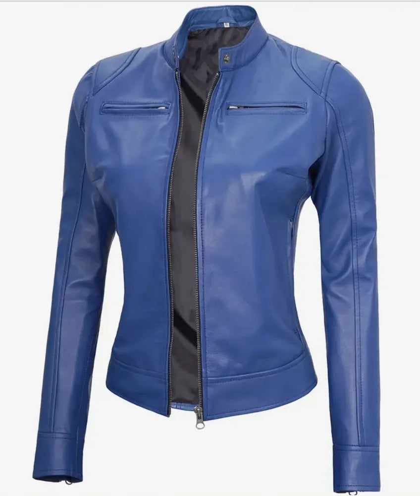 Women's Biker Blue Leather Jacket