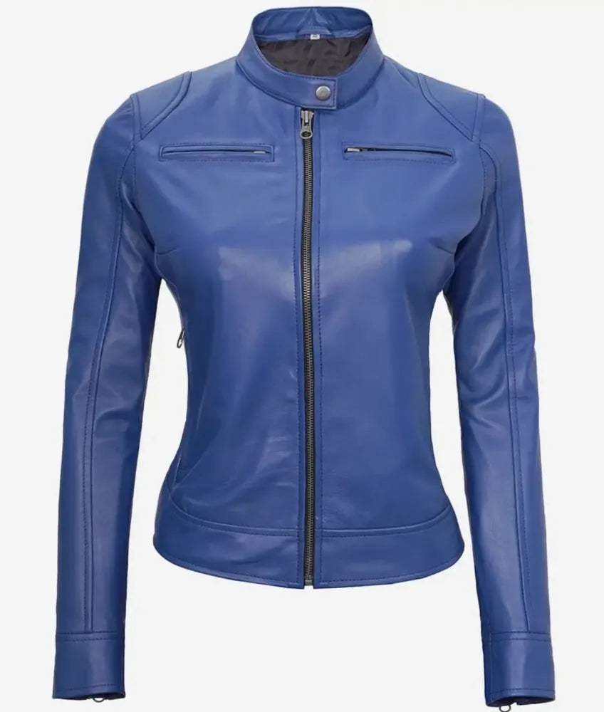 Women's Biker Blue Leather Jacket