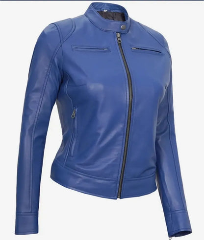 Women's Biker Blue Leather Jacket