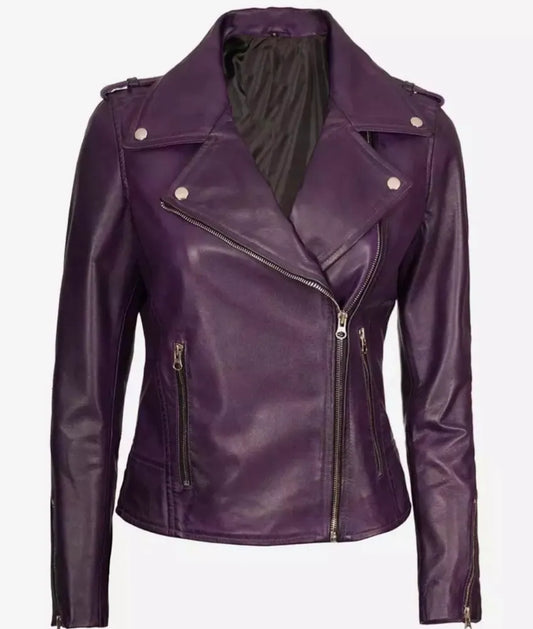 Women's Lambskin Asymmetrical Purple Motorcycle leather Jacket