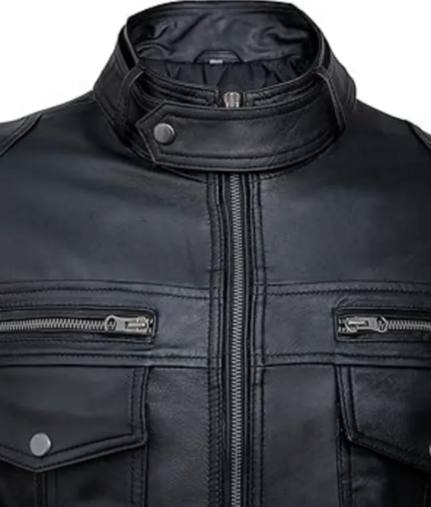 Black jacket men's leather - Motorcycle Style leather Jacket