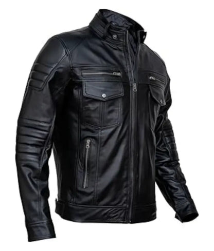 Black jacket men's leather - Motorcycle Style leather Jacket