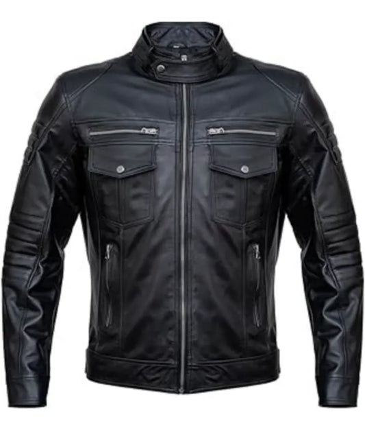 Black jacket men's leather - Motorcycle Style leather Jacket