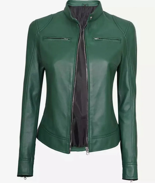 Green Leather Jacket - Cafe Racer Leather Jacket