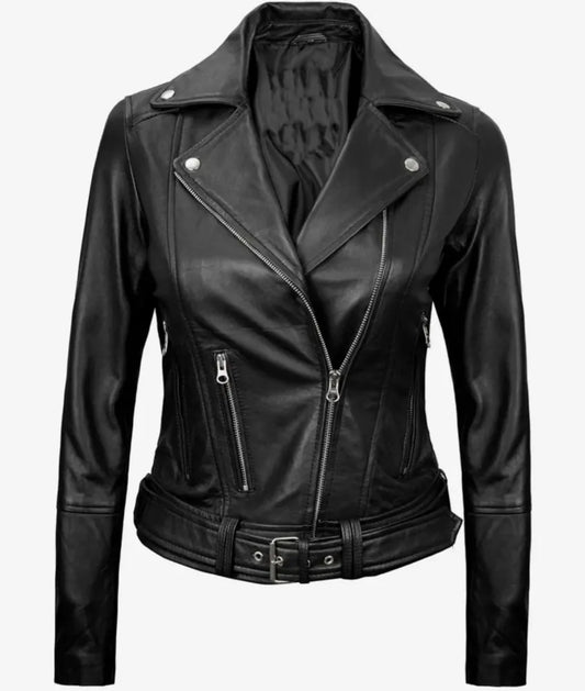 Women's Black Asymmetrical Leather Motorcycle Jacket