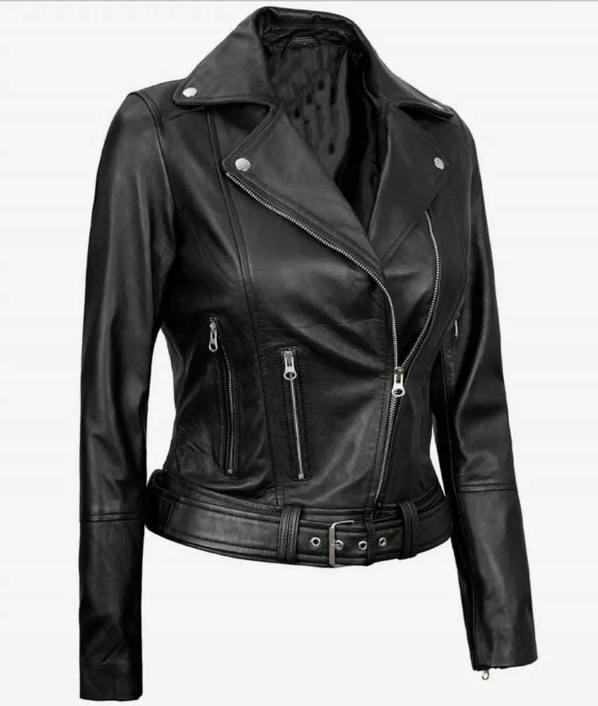 Women's Black Asymmetrical Leather Motorcycle Jacket