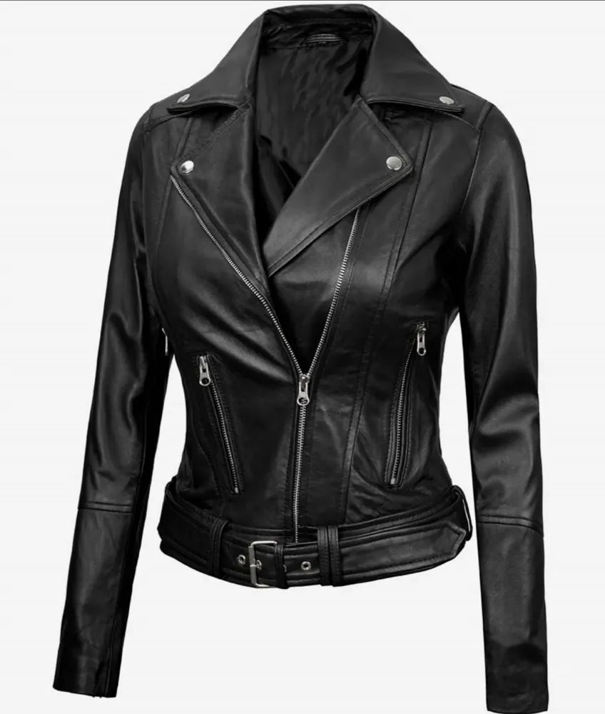 Women's Black Asymmetrical Leather Motorcycle Jacket