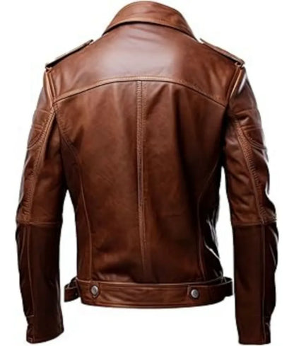 Men’s Genuine Sheepskin leather jacket long collar - brown leather bomber jacket