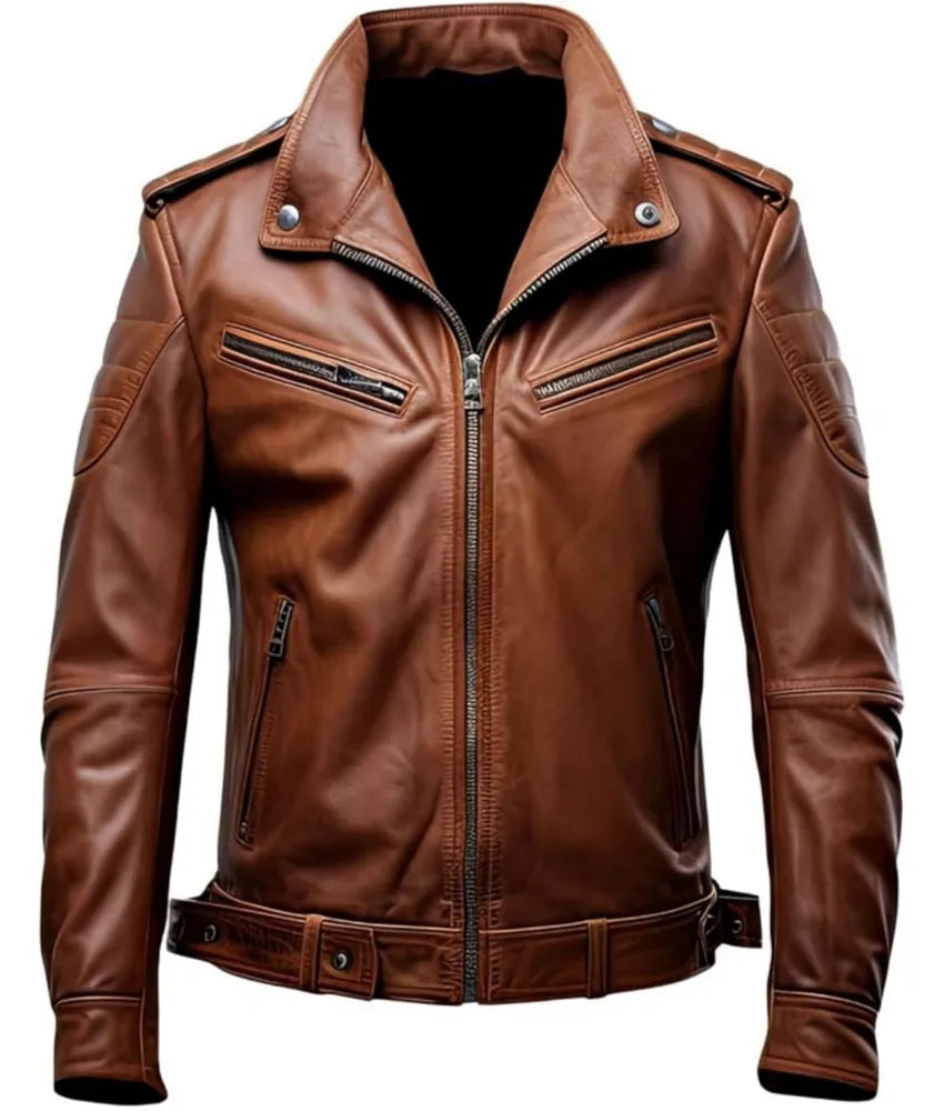 Men’s Genuine Sheepskin leather jacket long collar - brown leather bomber jacket