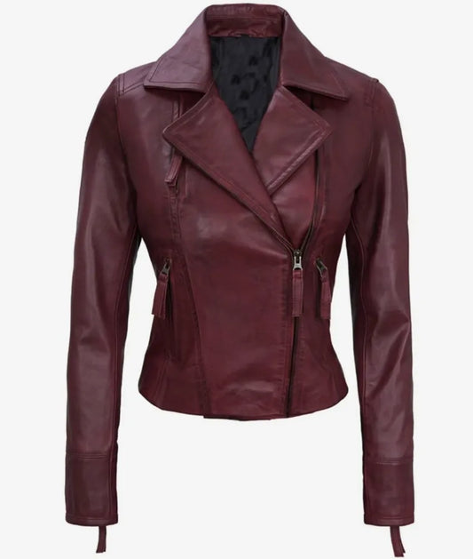 Women's Real Lambskin Leather Maroon Motorcycle Jacket