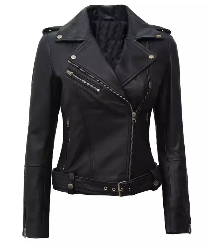 Amber Women's Black Leather Asymmetrical Moto Jacket