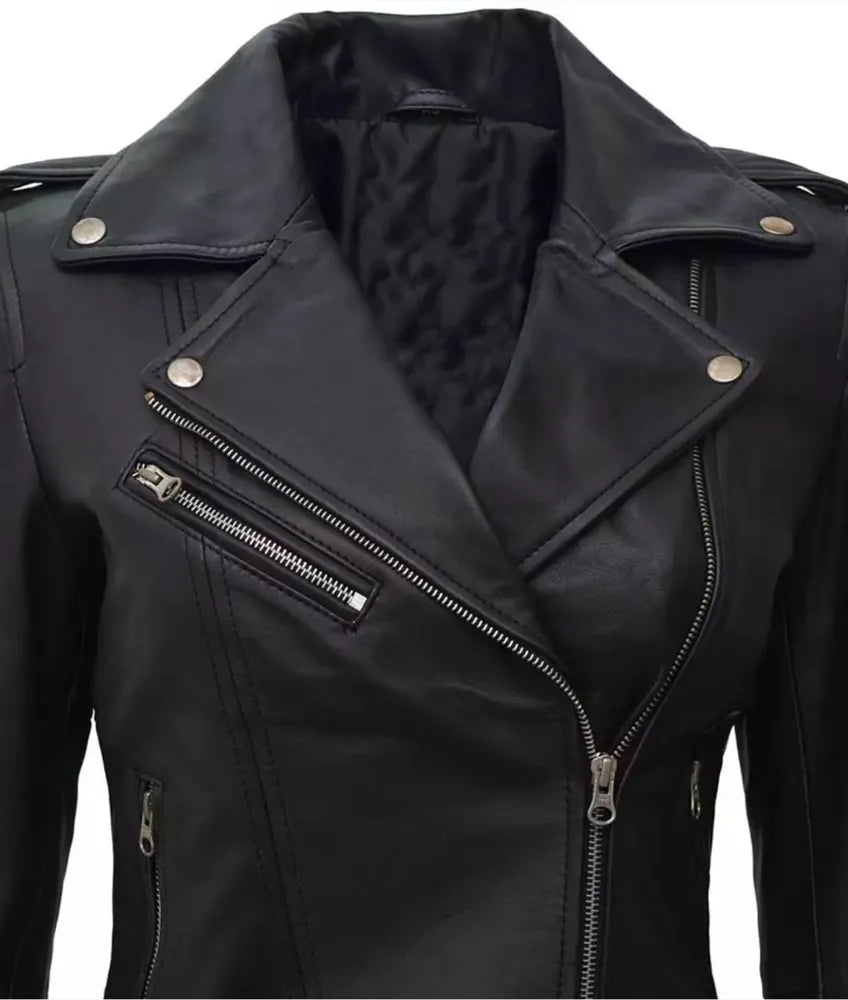 Amber Women's Black Leather Asymmetrical Moto Jacket