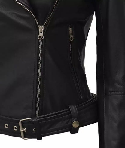 Amber Women's Black Leather Asymmetrical Moto Jacket