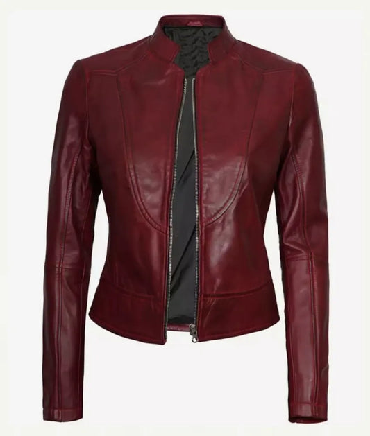 Women's Shirt Collar Maroon Leather Jacket