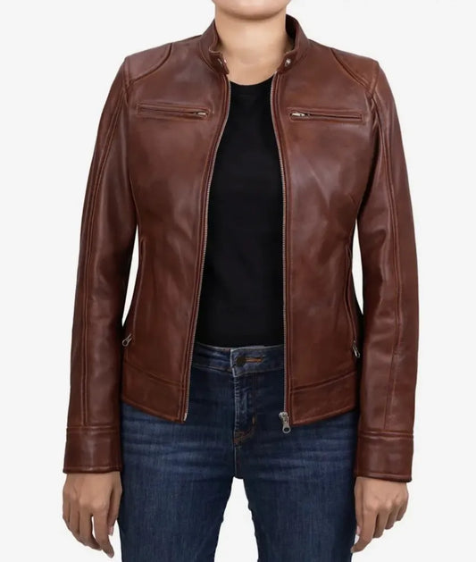 Women's Cognac Cafe Racer Leather Jacket