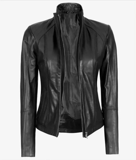 Acerra Women's Black Cafe Racer Leather Jacket