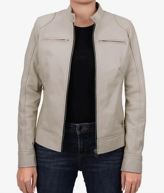 Off White Leather Motorcycle Cafe Racer Jacket For Women