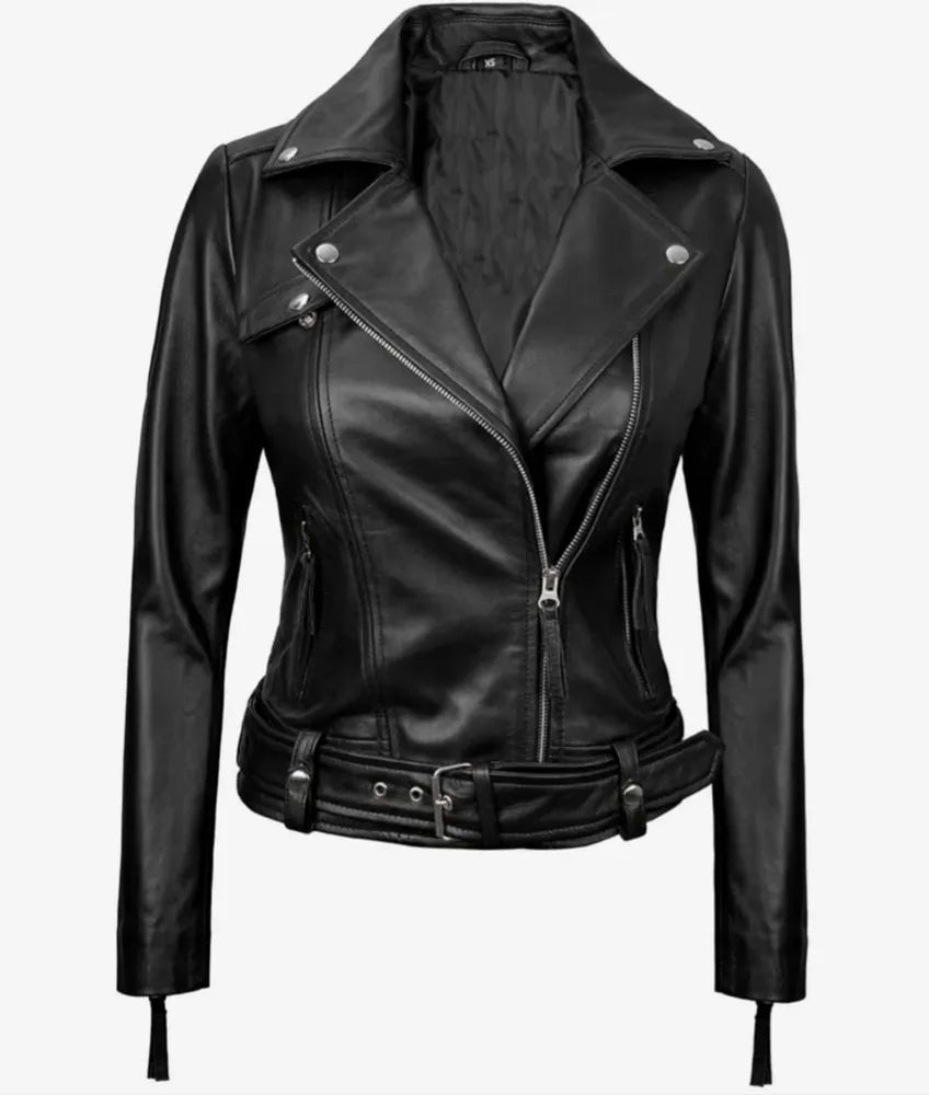 Elisa Asymmetrical Motorcycle Black Leather Jacket Women