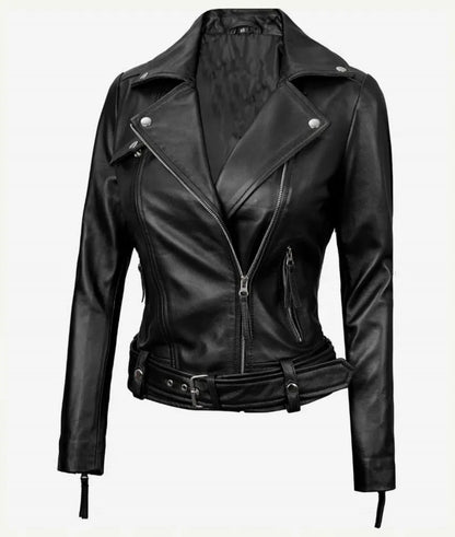 Elisa Asymmetrical Motorcycle Black Leather Jacket Women