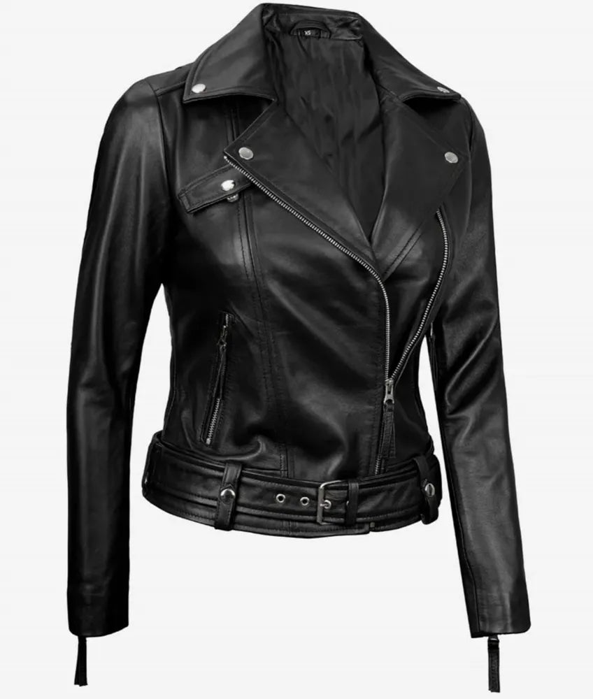 Elisa Asymmetrical Motorcycle Black Leather Jacket Women