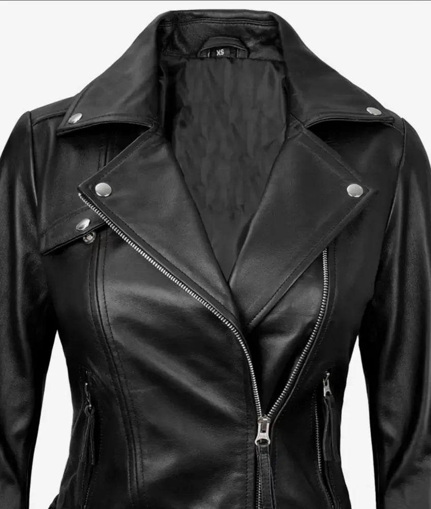 Elisa Asymmetrical Motorcycle Black Leather Jacket Women