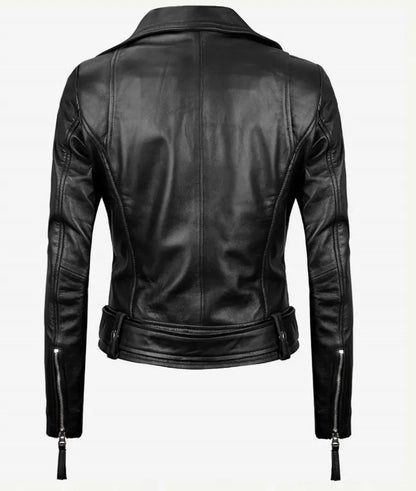 Elisa Asymmetrical Motorcycle Black Leather Jacket Women